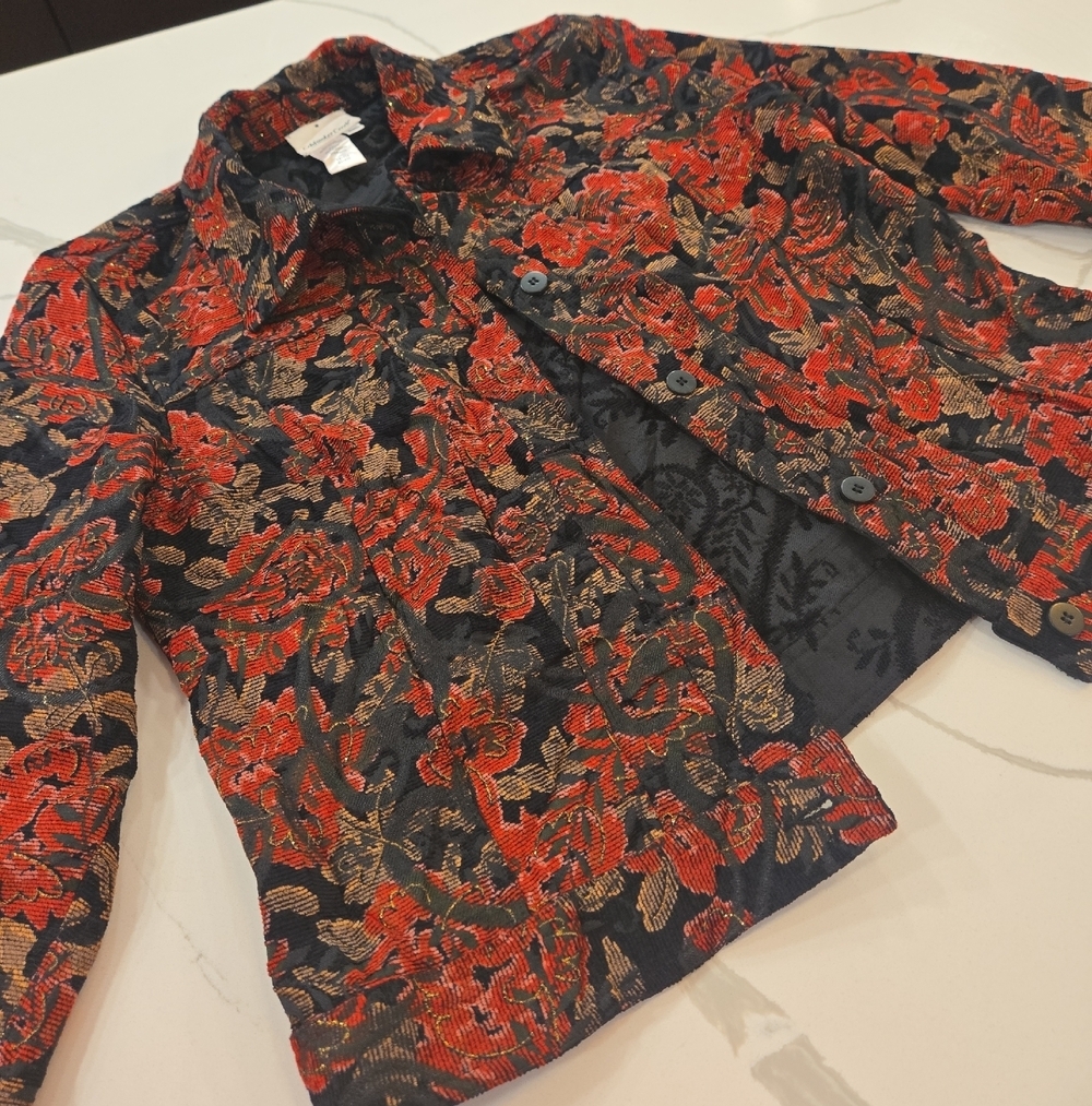 VTG Grandma Floral Reversible Red Black Button Down Cropped Blazer Jacket Medium